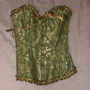 Women’s lace up boned over bust corset, Medium, Green and gold